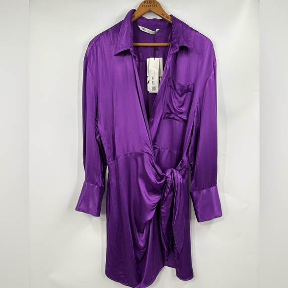 Zara Dresses & Skirts - NWT Zara Vibrant Purple Satin Wrap Dress size Large